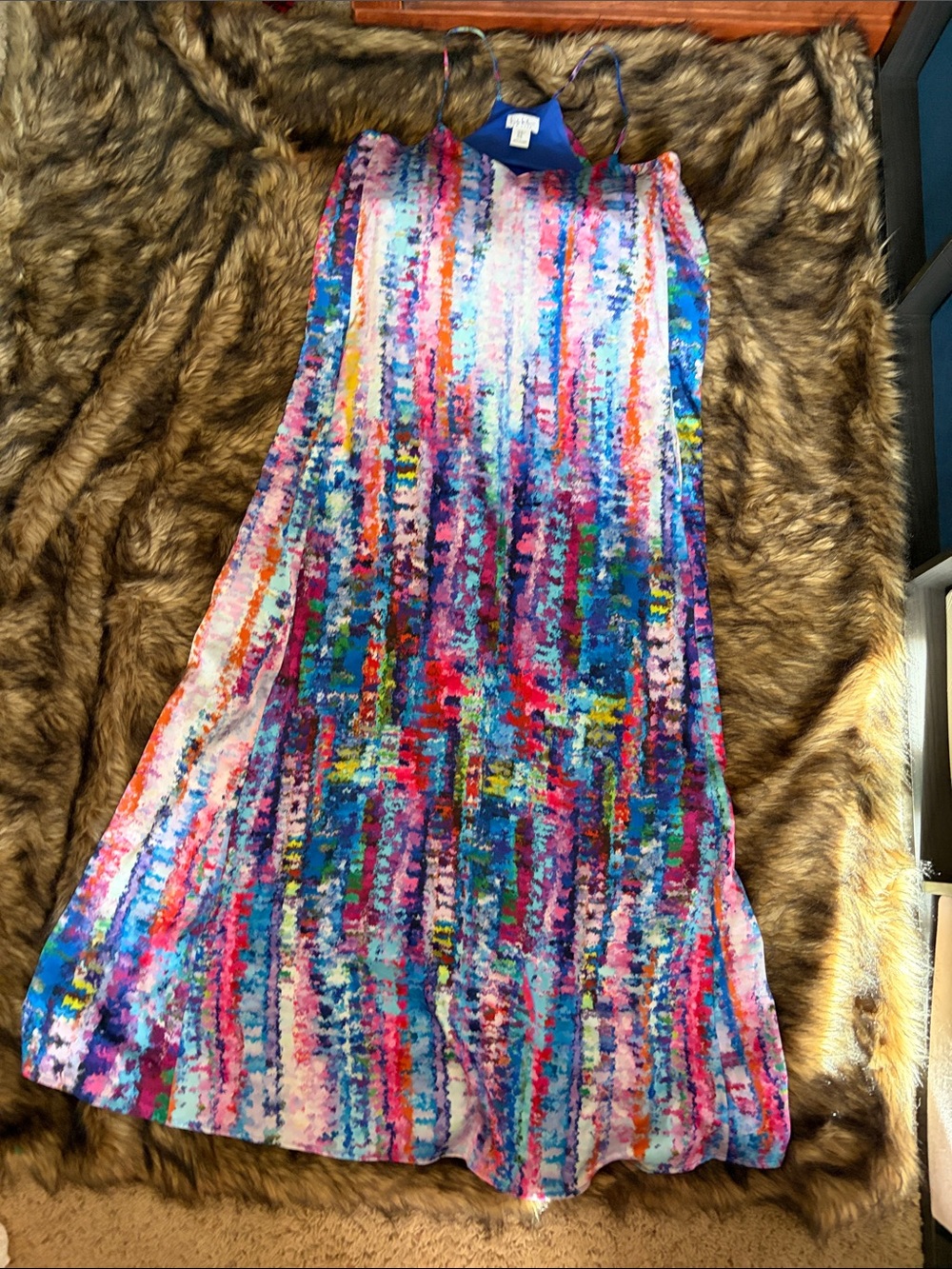 Nicole Miller Abstract Satin Water Color Print Multicolor Maxi Dress Sz M